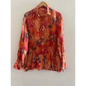 Tianello Casual Button Down Rayon Shirt Terracotta Artsy Floral Size Small JL